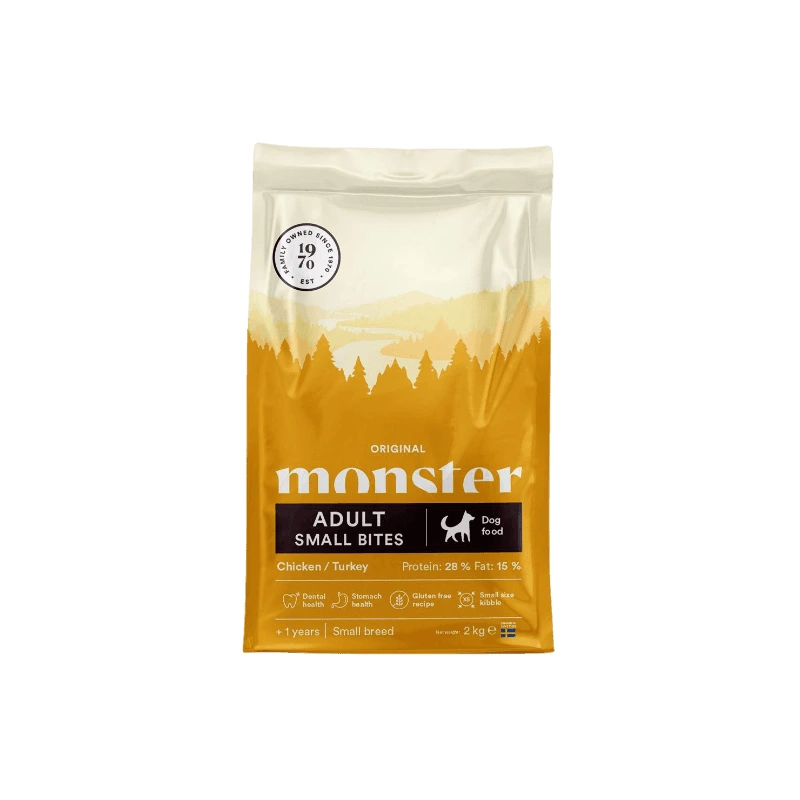 Monster Pet Food Original Adult Small Bites tørrfôr med kylling og kalkun til hund 2 kg