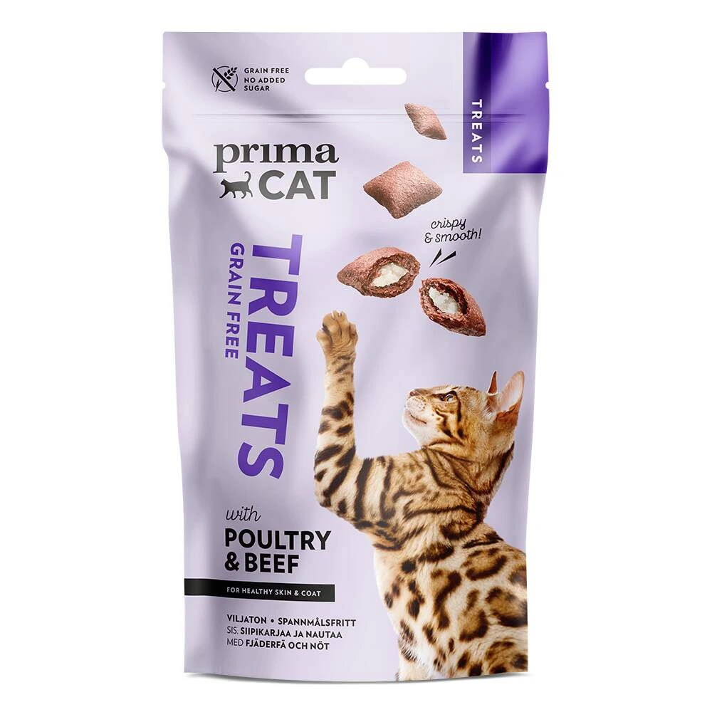 PrimaCat Crunchy Grain Free kattesnacks med fjørfe og biff for hud og pels 40 g