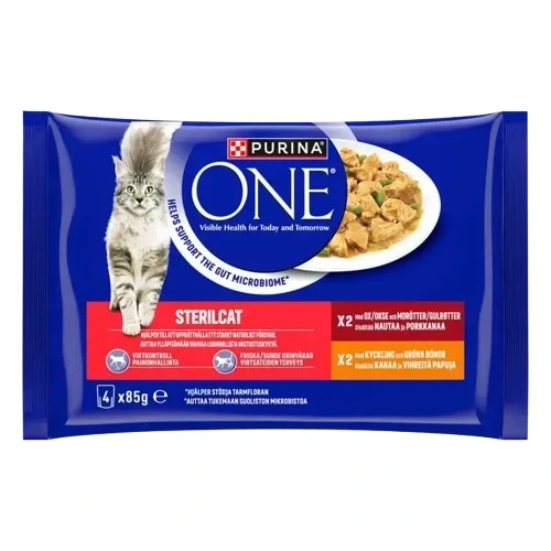 Purina ONE Sterilcat med oksekjøtt og gulrøtter og minifileter i kylling- og grønnbønnesaus våtfôr til katt 4 x 85 g