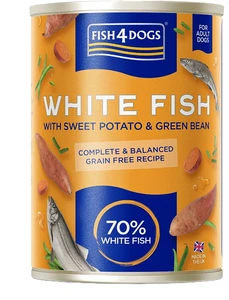 Fish4Dogs våtfôr med hvitfisk, søtpotet og grønne bønner til hund 395 g