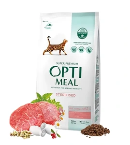 Optimeal tørrfôr med oksekjøtt og sorghum til kastrert katt 1,5 kg